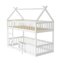 okwish Letto a castello con scala, letto a soppalco con protezione anticaduta, letto in legno massello, struttura per letto per bambini con rete a doghe (letto inferiore senza rete a doghe), bianco/grigio