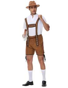 Men's 2 Pcs German Oktoberfest Costume Set Bavarian Lederhosen Shirts Set Halloween Costume Set Outfit - 棕色 - 查看 4