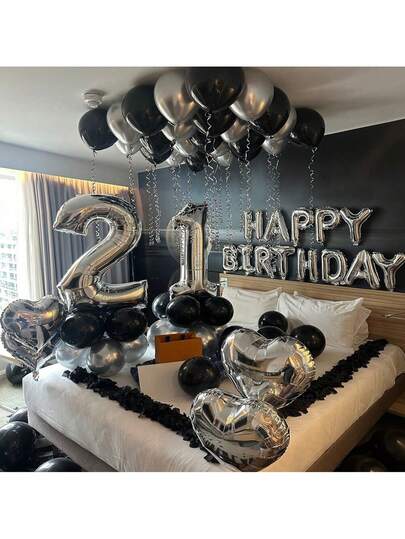 51pcs Black & Silver Happy Birthday Balloon Set, Silver Happy Birthday Banner, Chrome Silver Latex Balloons, Silver Foil Heart Balloons, 1000pcs Black Rose Petals, Suitable For Birthday Party, Birthday Decor, Anniversary, House Decoration