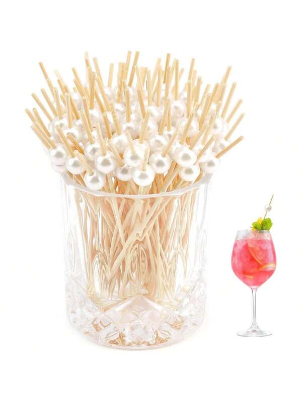 200/100/50/20/10pcs White Pearl Bamboo Skewers, 4.7 Inch Wood Fruit Picks For Party, Birthday, Wedding, Club, Fruit, Cupcake, Hamburger, BBQ, Snacks, Durable, Elegant Bamboo Sticks, Suitable For Gatherings, Birthday, Wedding Party Decorations