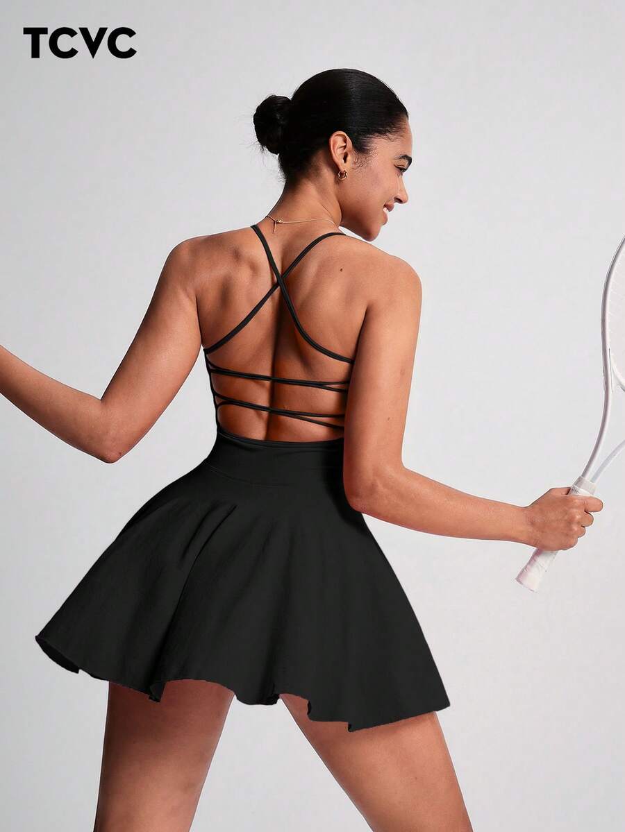 TCVC Váy đua lưng chéo cho nữ, lưng chéo trơn, quần short, túi, cổ tròn, váy tennis cho thể thao trong nhà/ngoài trời & yoga, chất liệu vải thân thiện với da, kiểu dáng ôm sát - màu đen - Xem 1