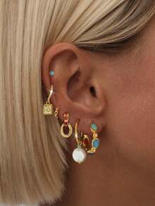 1 套 6 颗精致锆石和绿松石耳钉，适合日常、派对、节日、约会或婚礼场合 - 金黃色 - 查看 1