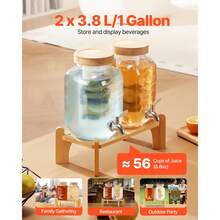 Beverage Dispenser, 2 Pack 1 Gallon Drink Dispensers For Parties, Glass Juice Dispenser With Wood Stand, Stainless Steel Spigot, Infuser, Iced Tea Lemonade Juice Water Dispensers For Parties - Ly 2x 1 Gal - Xem 2
