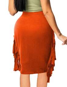 SEBOWEL Cotton Blend Sides Tassel Maxi Skirt Casual Bodycon Skirts Bottom - 橘色 - 查看 4