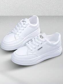 Tenis de Mujer Casuales y Cómodos: Zapatillas Deportivas de PU con Cordones, Suela Antideslizante, Ideales para Fitness, Running y Uso Cotidiano - Blanco - Ver 2