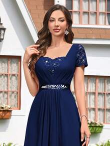 MIUSOL Sequin Floral Lace Contrast Chiffon Sweetheart Neck Hot Drill Belt Pleated Hem Evening Party Long Dress, Bridesmaid Dress, Prom Dress, Wedding Guest Dress