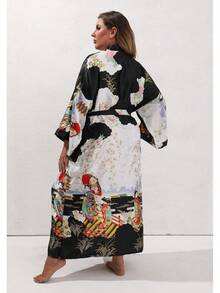 Women's Floral Long Satin Robes Plus Size Long Silk Robes Peacock Floral Kimonos Sleepwear Dressing Gown - 白色 - 查看 10