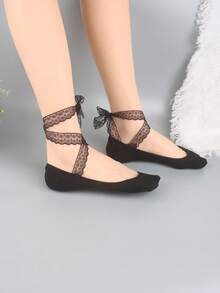 1 Pair Women Thin Bowknot Ribbon Lace Up Non-Slip Breathable Absorbing Moisture Hidden Socks - Black - View 11