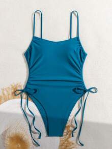 Fashionable New Solid Color Drawstring One Piece Swimsuit For Women - Teal Blue - View 5