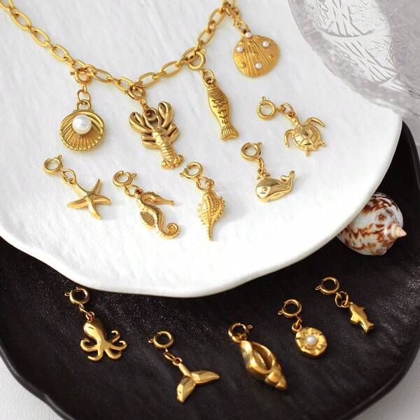 1pc Spring Clasp Stainless Steel Gold/Silver Ocean Life Series Jewelry Pendant (Starfish, Seashell, Seahorse), For Necklace And Bracelet