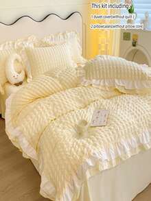 3pcs Bedding Set: White Checked Dobby Fabric Duvet Cover & Pillowcase With Lace Trim Decor