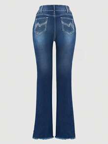 Women's High-Waisted Slightly Flared Pants, Raw Jeans, Slim Wash, Double Button, Geometric Embroidery, Mature Retro Fashion, Slim Fit, Tall And Thin, High-End Sense Of Luxury, Classic All-Season Versatile Flared Pants, Women's Pants - 中等水洗藍 - 查看 5