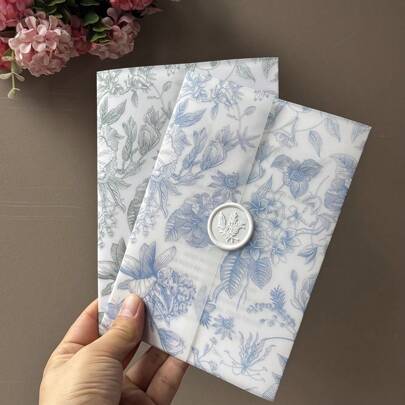 20pcs BLUE Or GREEN BLANK,Or Pink Flower With Leaf Vellum Wrap Suitable For A 5 X 7 Wedding Invitation,Diy Invitation,Custom Vellum Jacket Party Favors Room Decor Bride Gifts Birthday Graduation Birthday Decorations Party Decorations Bachelorette