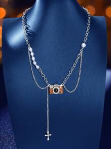1 Pc Stylish Silvery Chain Camera Cross Charm Collar Necklace For Women School Party Daily Prom Jewelry Accessories