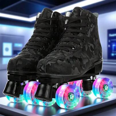 Gets Men's And Women's Roller Skates PU Leather High-Top Shoes Classic Two-Wheel Roller Skates Four-Wheel Roller Skates Unisex Christmas And Halloween Edition, Suitable For Beginners, For Indoor And Outdoor Use, Comes With A Shoe Bag And Tools, Camouflage Pattern, Cool And Cute Roller Skates