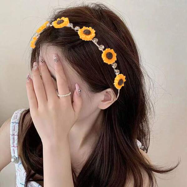 1pc Minimalist Floral Headband, Girly Sweet Rhinestone Decorated Flower Hair Clip Accessory
