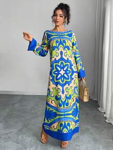 Vestido abaya de mujer de estilo oriental, vestido largo y suelto con cuello redondo, bloque de color, estampado floral, manga larga, manga con volantes, elegante estilo de vacaciones, vestido maxi casual de otoño/invierno, vestido de noche