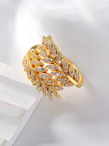 1pc Luxury Cubic Zirconia Leaf Shape Women's Ring,Copper Gold Plated Open End Adjustable Ring,Summer Beach Vacation Fashion Accessories,Elegant Women's Jewelry For Everyday,Holiday,Party,Vacation,Wedding,Valentine's Day Gift.