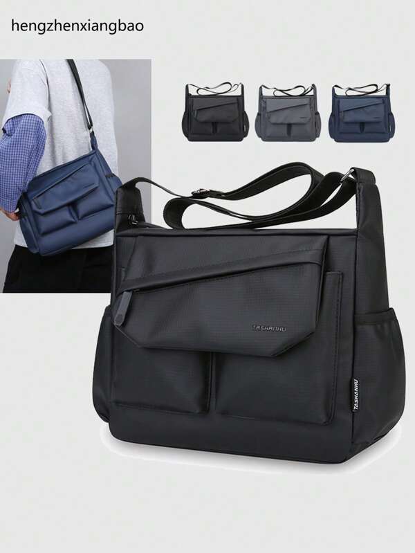 Men's Large Capacity Multi-Functional Messenger Bag – Business Casual Shoulder & Handheld Bag With Multiple Pockets In Solid Color