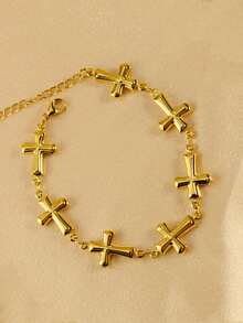 MECYLIFE 1 件朋克嘻哈风格辣椒与十字架铆钉不锈钢 18K 金链式手链女士款 - 金黃色 - 查看 5