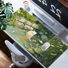卡通猫鼠标垫池塘锦鲤桌垫桌垫带缝边防滑橡胶底座桌面配件适用于家庭办公室装饰键盘垫 35.4x15.7 英寸可作为圣诞节、万圣节、生日礼物送给男士女士女朋友朋友