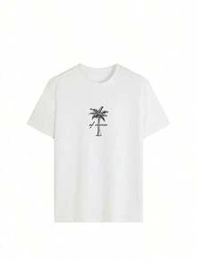 Camiseta de manga corta con cuello redondo y estampado minimalista de palmera para mujer, sencilla y versátil, adecuada para uso diario y de vacaciones. Camiseta con Estampado, Mujer, Blanca, Negra, Rosa, Verano - Blanco - Ver 5