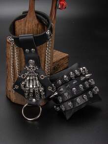 4pcs/Set Punk Style Skull Head Retro Round PU Leather Bracelet Set - Multicolor - View 5