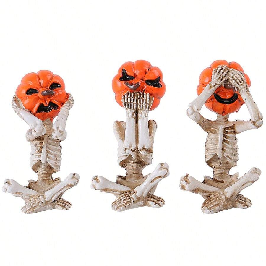 3pcs Pumpkin Head Skull Figurine Decoration Home Halloween Horror Doll Decoration Scene Props Party Supplies Home Decor Room Decor Halloween Decor