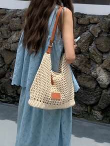 2026 Spring/Summer New Hollow Woven Bag, Beach Vacation Bag, Shoulder Bag, Underarm Bag, Business Women Casual Fashion Daily Commute Bag, Suitable For Work, Shopping, Dating, Travel, College Students, Ladies Bag, Daily Use, Holiday - Beige - View 4