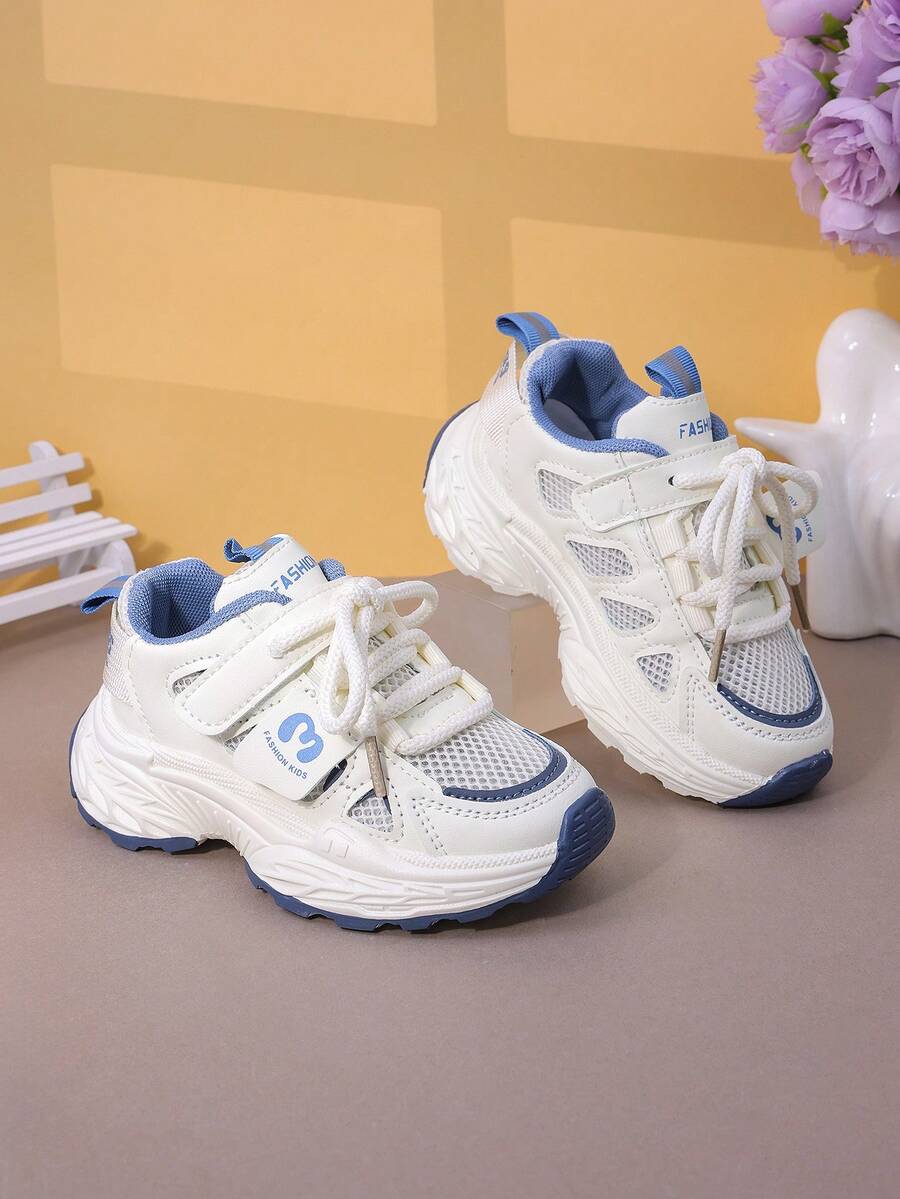 儿童厚底休闲运动鞋春秋季新款软底防滑女童运动鞋，男童透气跑步鞋带钩环，舒适男女通用校园学生宝宝网眼鞋 - 藍色 - 查看 1
