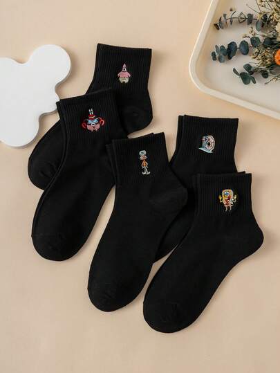 SPONGEBOB 5 pares de calcetines de media caña con bordado de la serie Bob Esponja Calamardo para mujer, unisex, estilo deportivo, para todas las estaciones, tallas europeas y americanas, cómodos, transpirables y duraderos, adecuados para uso diario, hechos de tela de alta calidad, sin pies sofocantes.