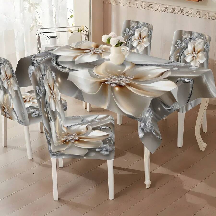 1pc/5pcs/7pcs/30pcs Chair Cover And Table Cloth Set; Classic Versatile Crystal Flower Print Table Cloth And Chair Covers, Suitable For Indoor Home Dining Room Decor; High Stretch Silky Fiber Fabric Chair Covers, Reusable And Washable Party Table Cloth Decor - Multicolor - View 1