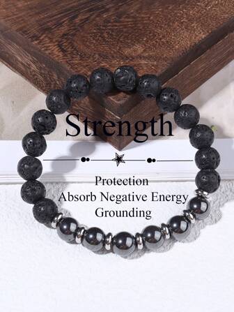 赤铁矿和黑色熔岩油扩散器手链，缓解压力焦虑，增强意志力、勇气和自信，适合男女瑜伽冥想珠宝