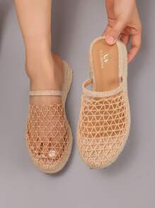 Sandalias con cuña de soga de cáñamo, suela gruesa, respirables con malla calada, diapositivas planas casuales para vacaciones de verano, zapatos de moda diarios para mujer