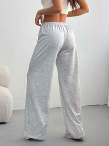 Solid Color High Waist Straight Leg Pants, Minimalist Sports Sweatpants, Versatile Elastic Waist Drawstring Wide Leg Casual Trousers, All Season Spring - Grey - View 3