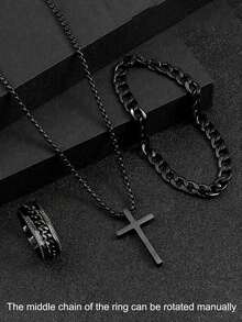 4 件嘻哈时尚男士珠宝套装，黑色项链、手链和戒指，圣诞节、新年、情人节、节日礼物的最佳珠宝