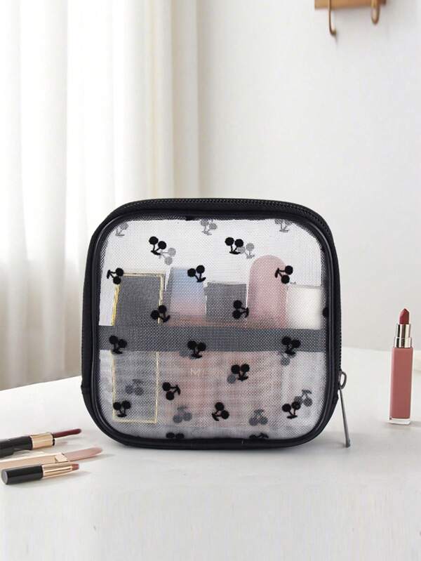 1 pièce Sac cosmétique simple et noir, maille transparente, pour le stockage du rouge à lèvres, des serviettes hygiéniques et des tampons.