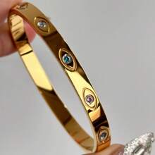 S SHOPBOHO 1 Peça Bracelete Rígido com Olho Grego Dourado 18k, Diamante, Sol Gravado, Folheado a Ouro, À Prova d'Água, Pulseira de Aço Inoxidável