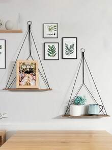 1个三角形悬挂式壁挂置物架，现代悬浮式储物架套装，适用于客厅、卧室、浴室，波西米亚风格壁挂式展示收纳架，可用于摆放植物、照片和装饰品 - 黑色 - 查看 3