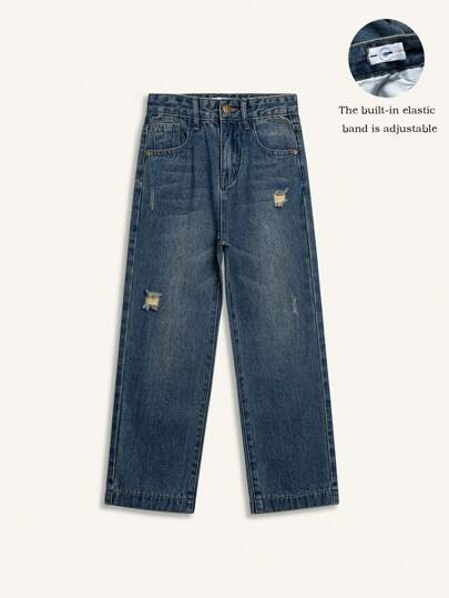 Young Boy Vintage Wash Wide Leg Jeans With Adjustable Waist And Distressed Detailing