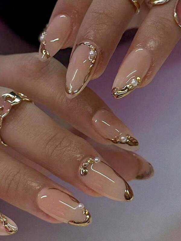 Let Your Fingers Shine With Alluring Brilliance. 24pcs Medium Almond-Shaped Fake Nails, Wearable Nail Tips, 3D Embossed Nail Stickers, Golden Matching With Gold Rhinestones And White Pearls Accents, Suitable For Casual And Formal Occasions, Exuding Elegant And Noble Aura