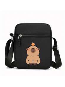 1 件，创意水豚印花黑色迷你斜挎包 - 适合休闲外出的运动包，轻质涤纶衬里，可调节肩带 - 黑色 - 查看 9