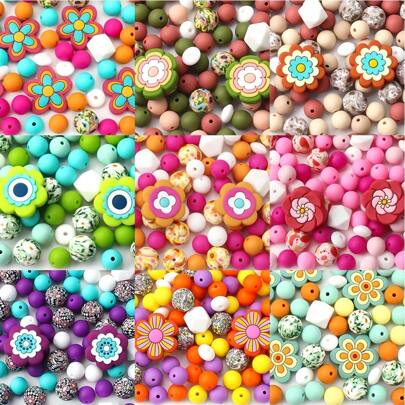 30pcs Bohemian Style Floral Daisy Silicone Beads Set, Suitable For DIY Keychain, Bracelet, Creative Phone Charm And Pen Decoration
