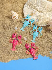 1 Pair Cute Enamel Inlaid Rhinestone Lobster Earrings, Fashionable Lobster Earrings With Ocean Elements Style, Suitable For Women To Wear For Holiday, Beach And Daily Occasions