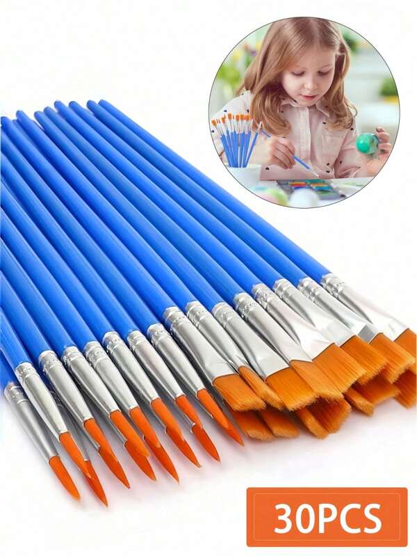 30 Peças/Conjunto Pincéis de Nylon de 16,5 cm com Ponta/Planos, Canetas de Aquarela, Pincéis de Pintura Acrílica, Canetas de Grafite, Adequados para Artistas Móveis, Estudantes de Arte, Estudantes, Suprimentos de Escritório e Escola, Presentes de Aniversário, Suprimentos Escolares, Volta às Aulas