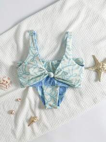 2pcs/Set Women Summer Beach Bikini Set, Butterfly & Shell Double-Sided Print Design, Reversible, Wide Strap Twist Swimsuit Top And Mid-Waist Swim Bottoms, Suitable For Pool Party And Beach Holiday - Blue - View 3