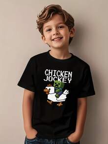 Kid's Shirts, Boys And Girls' Summer T-Shirt, With Cute Funny Pixel Art Chicken J Graphic, Pure Cotton & Fine Fabric, Breathable & Cooling Comfortable For Summer Casual & Outdoor Sports Wear, Perfect Gift Idea For Kid's Birthday, 1st Grade & Graduation Celebration,  Size 3Y-13Y 5623008 Short Sleeve & Crew Neck Black T-Shirts - 黑色 - 查看 6