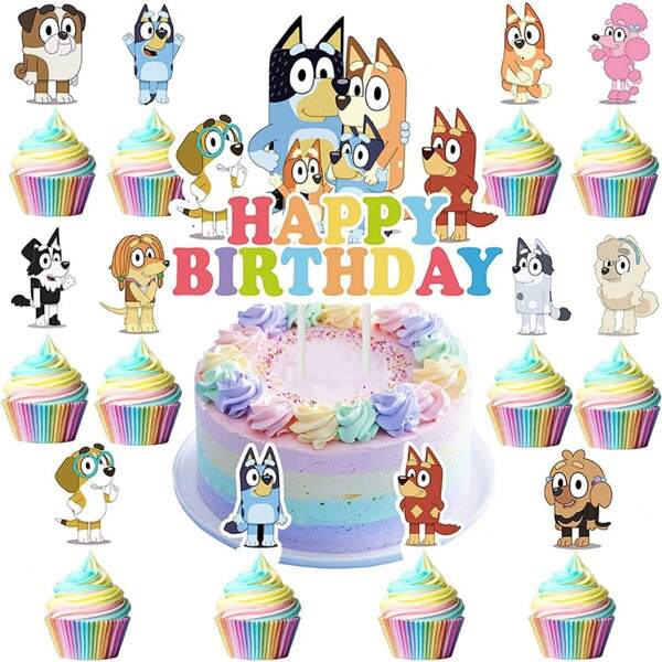 Bluey 25pcs Bluey Cake Decoration Cartoon Blue Dog Bingo Cupcake Top Happy Birthday For Birthday Party Cake Dessert Decorations,Party Birthday Bruy Theme Decoration