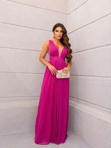 Tulle Party Dress / Neckline / Side Opening / Long For Graduation, Bridesmaid And Guests - Màu Hoa hồng đỏ - Xem 2