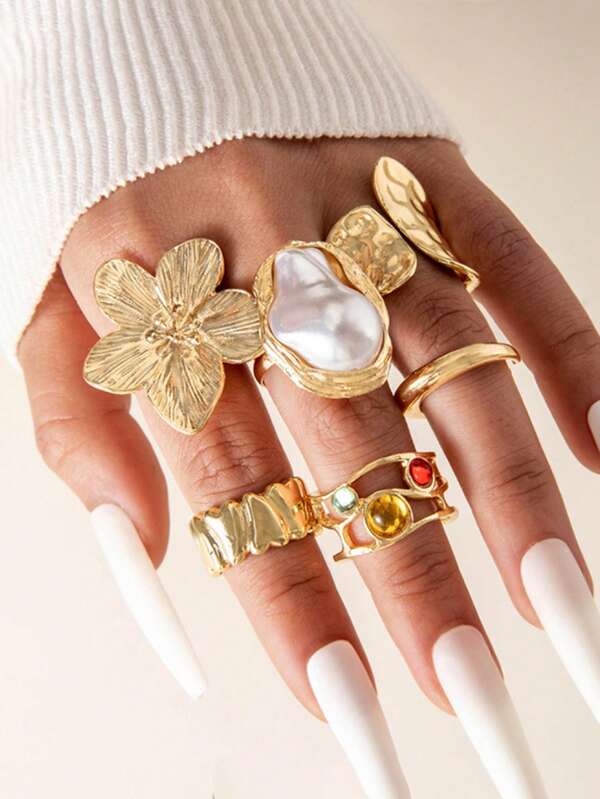 6pcs/Set Exaggerated Flower, Faux Pearl, Colorful Faux Gemstone, Irregular Shape, Heart Textured Metal Rings, Fashion Simple Elegant Delicate, Suitable For Holidays, Vacation, Parties, Gift Giving